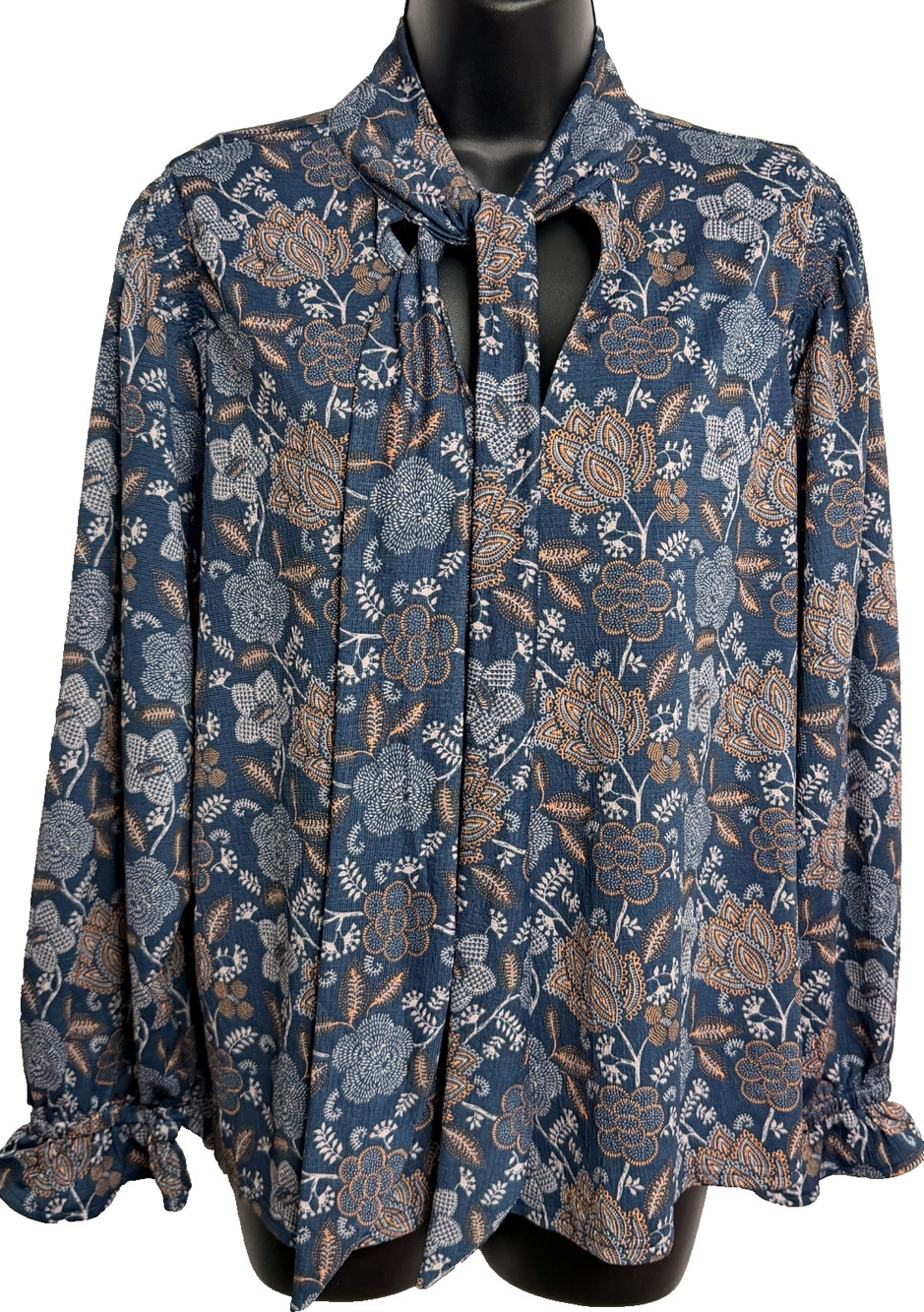 Melloday Shirt Womens L Blue Floral Tie Neck Keyhole Elastic Cuff Casual Top NEW